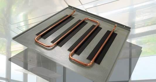 The panels incorporate aluminum heat transfer plates that conduct heat to or from the panel surface.