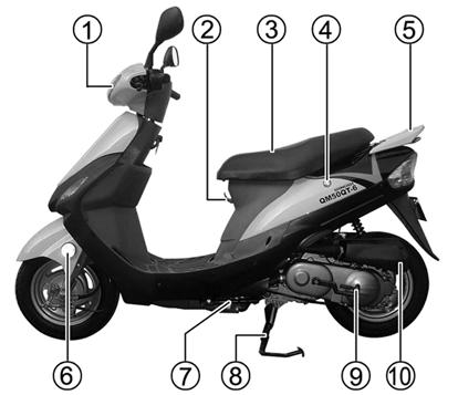 Starter switch 11. Ignition switch Left side of the motorcycle: 1. Head lamp 2. Pothook helmet 3. Seat 4.