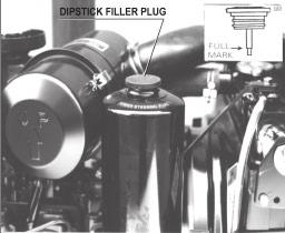 Do not fill beyond the mark on the stick, as the transmission will be overfilled. 4. Install the dipstick and filler plug.