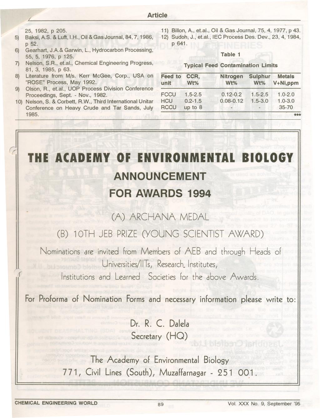 L Article 25, 1982, P 205. 5) Baksi, A.S. & Luft,.H., Oil & Gas Journal, 84, 7, 1986, P 52. 6) Gearhart, J.A.& Garwin, L., Hydrocarbon Processing, 55, 5, 1976, P 125. 7) Nelson, S.R.