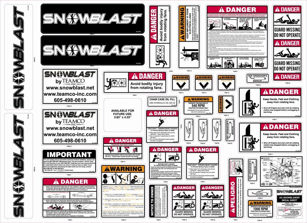 SAFETY IMAGE OF AG SNOW BLOWER DECAL SHEET