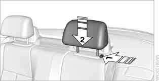> To lower: press the button, arrow 1, and slide the head restraint down. Removing 1. Pull it up as far as it will go. 2. Press the button, arrow 1, and pull the head restraint all the way out.