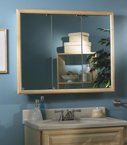 The Kingston s shadow box appearance is achieved with its fine solid oak frame and beveled mirror. These features add dimension to this unique cabinet, finished in a warm honey oak color.