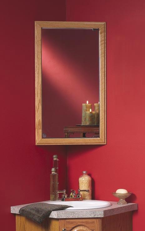 Shelves can be adjusted without tools to accommodate a broad variety of container shapes and sizes. Aligned over a corner vanity, the Centered Corner Cabinet adds visual height to small rooms.