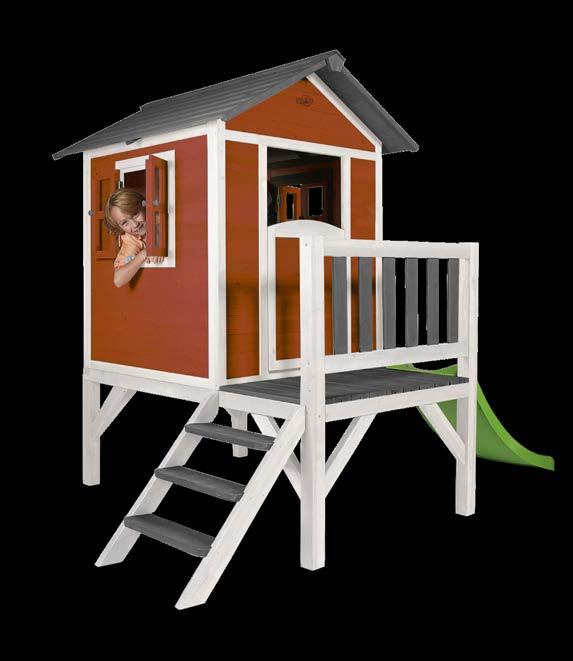 As comfortable and fun inside as the Lodge, and with a slide and a veranda too! Children will have so much fun climbing up the stairs and looking out from the porch.
