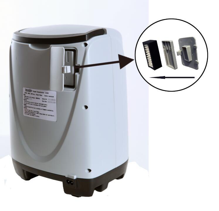 Wipe the cabinet with a clean cloth with any commercial (bacterial-germicidal) disinfectant. Air Intake Filter Change 1. Disconnect the Oxygen Concentrator Unit from all external power sources. 2.