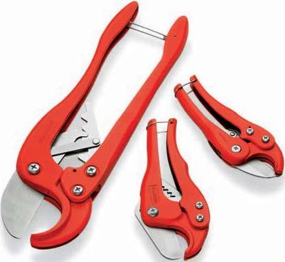 PLASTIC CUTTING CUTTING Ratchet Pipe Shears Ratchet action cutters provide a fast, clean square cut in most types of plastic pipe including MDPE, PE, PP, PB and PEX.