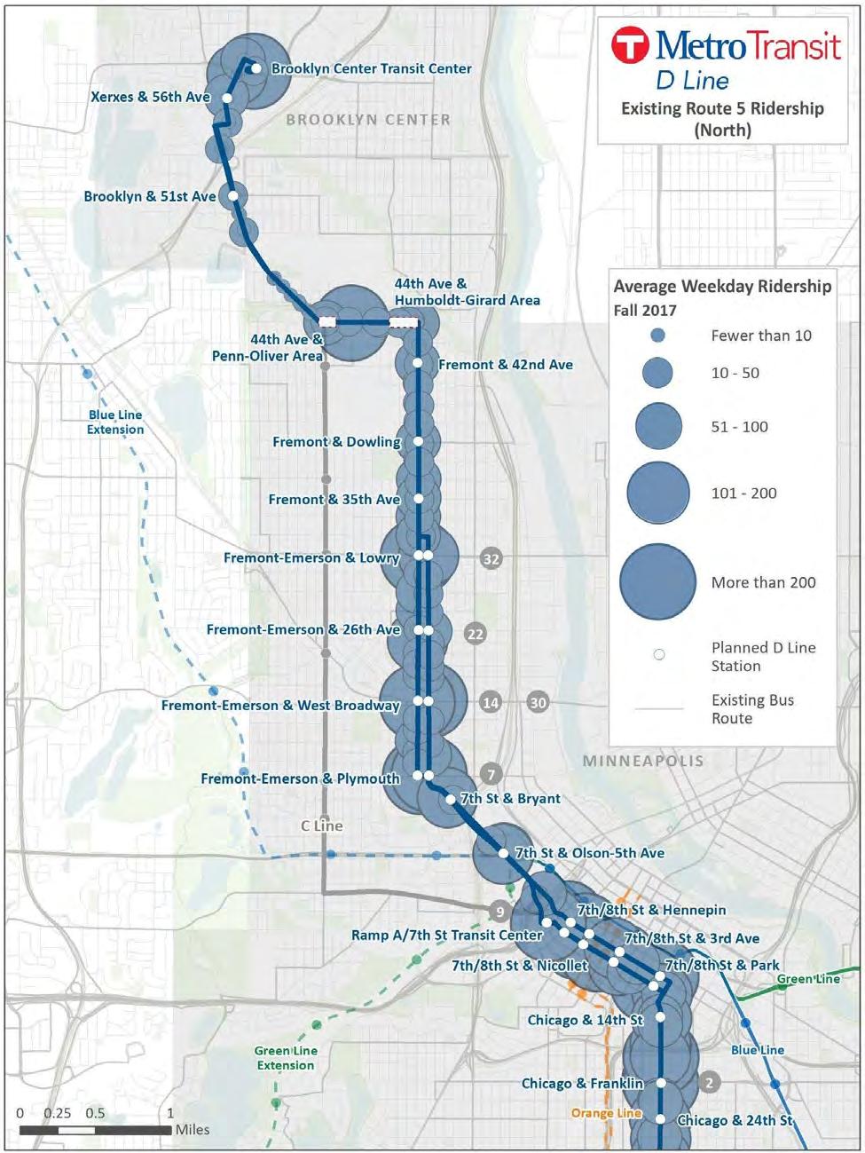 Figure 16: Planned D Line stations and existing Route 5 ridership,