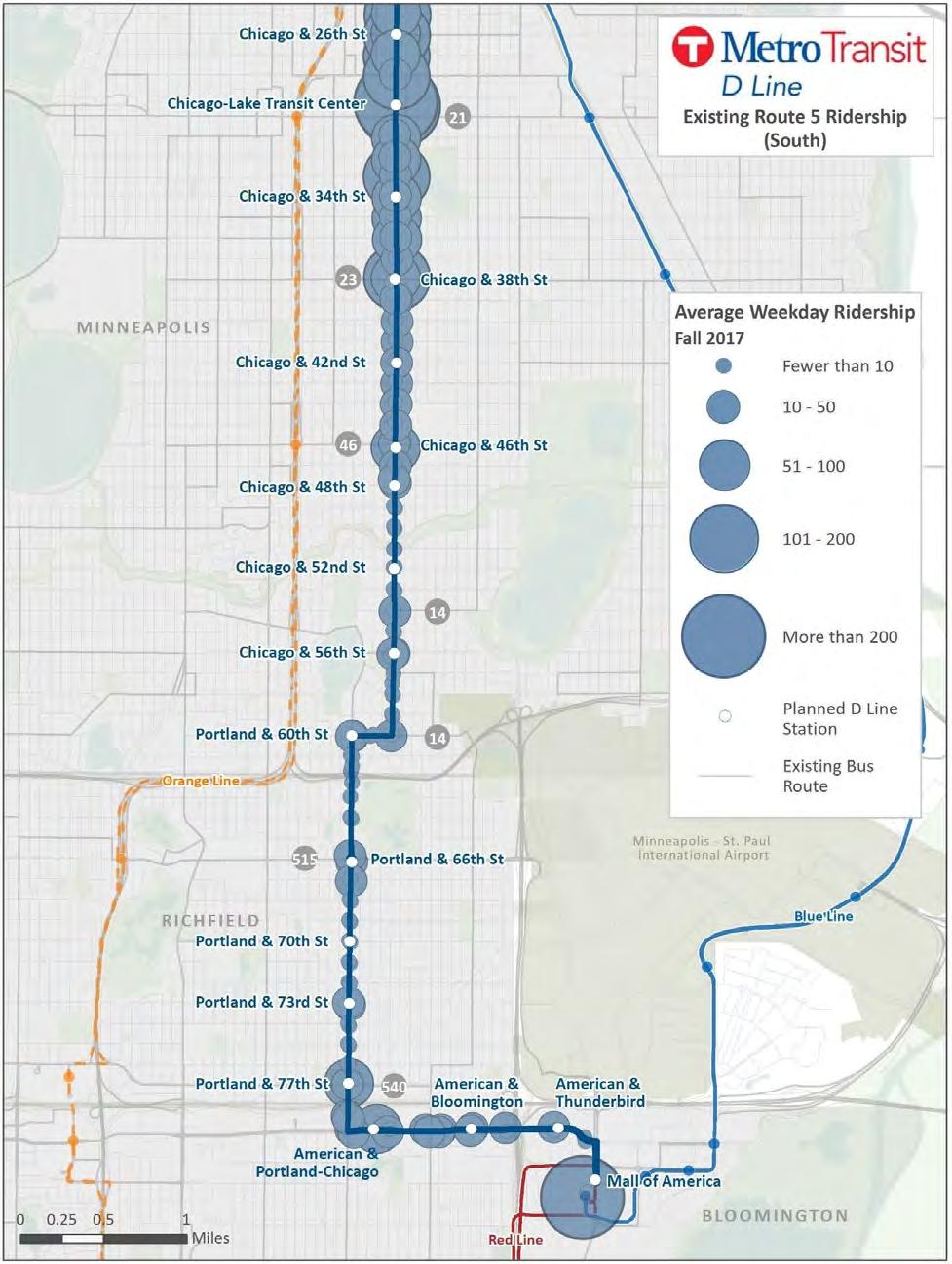 Figure 17: Planned D Line stations and existing Route 5 ridership,