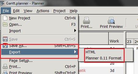 2.3 Uporaba 67 Slika 2.16: Izvoz dokumentov obliki. Dokumente oz. končane projekte je možno izvoziti v obliko HTML ali Planner 0.11 format (glej Sliko 2.16).