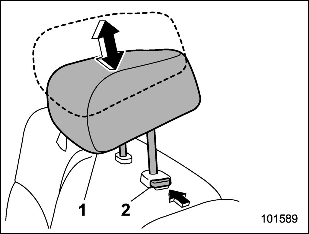 Seat, seatbelt and SRS airbags/rear seats 1-9 tion. 1) Incorrect (retracted position) 2) Correct (extended position) 1) Head restraint 2) Release button To raise: Pull the head restraint up.
