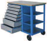 390323 mm (5 height 70 mm and 2 height 50 mm) wooden worktop static load capacity of carriages without wheels: 2300 kg capacity of side drawers:25 kg capacity of front drawers:40 kg Tool rack wall
