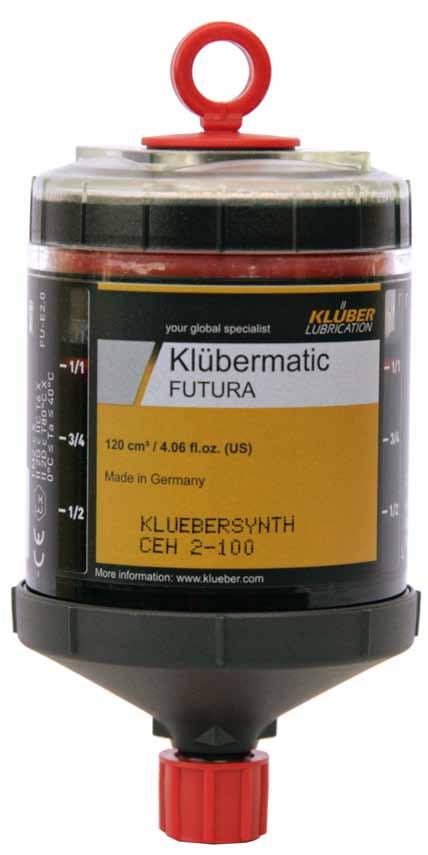 Klübermatic FUTURA Visual fill-level indication via transparent housing Corrosion-resistant lubricating system for hygienesensitive areas The Klübermatic FUTURA is the optimum automatic singlepoint