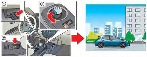 DRIVING THE VEHICLE 1. Depress the brake pedal. 2. Release the electric parking brake. 3. Move the selector lever into the D (Drive) position.