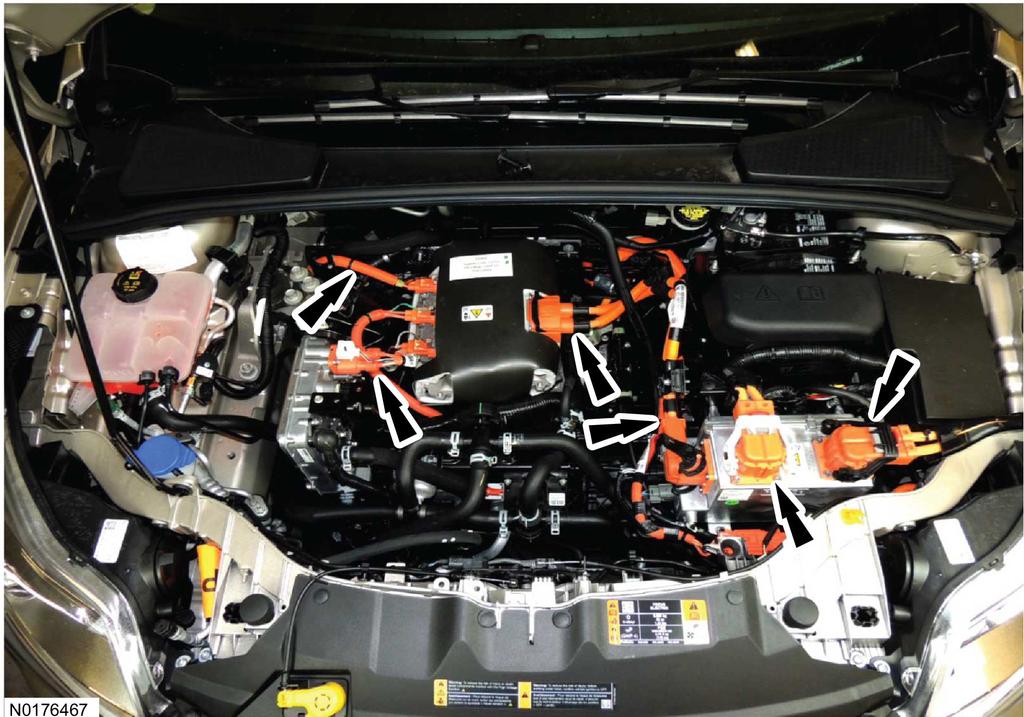 0-4 Introduction Introduction Electric Vehicle (EV) Identification Underhood The Focus electric powertrain is identified by the orange high voltage underhood cabling.