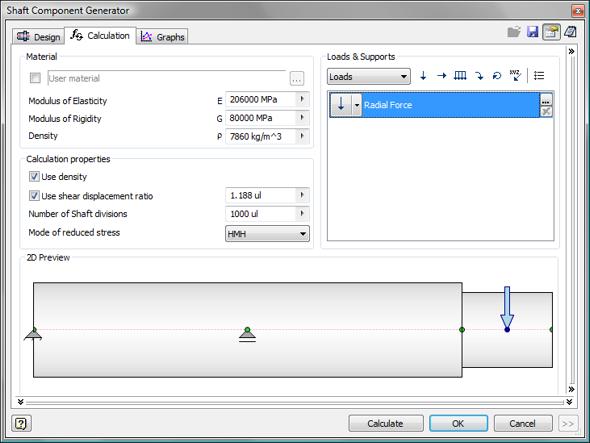You can also perform calculations and create output graphs based on the loads applied to the shaft.