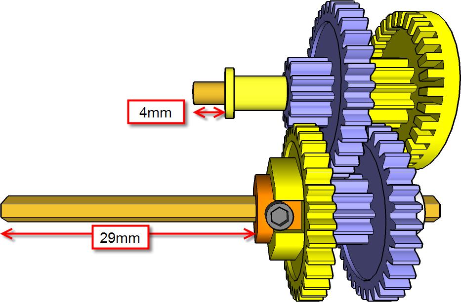Assembling the axles x2 Short 28mm axle (round) Press fit the long yellow bushing as shown in the image.