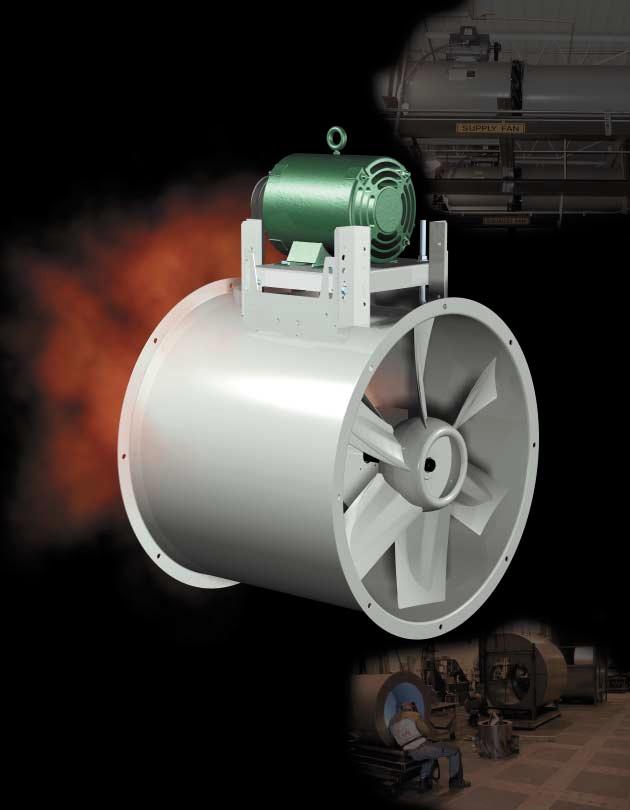 Medium Pressure Axial Fans Model TBI-FS Levels 3, 4 & 5 with Fabricated Steel Propeller Belt Drive Inline or Roof Mounted Upblast Clean Air or Fume Exhaust
