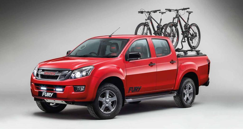 FRONT BUMPER MOUNTED LAZER LIGHTS OFF-ROAD TYRES UNDER ARMOUR MOUNTAIN TOP WITH SPORTS RAILS + CROSS RAILS + ALUMINIUM BIKE RACKS BLACK/RED FURY LEATHER INTERIOR TRIM CREATE YOUR OWN MAKE YOUR ISUZU