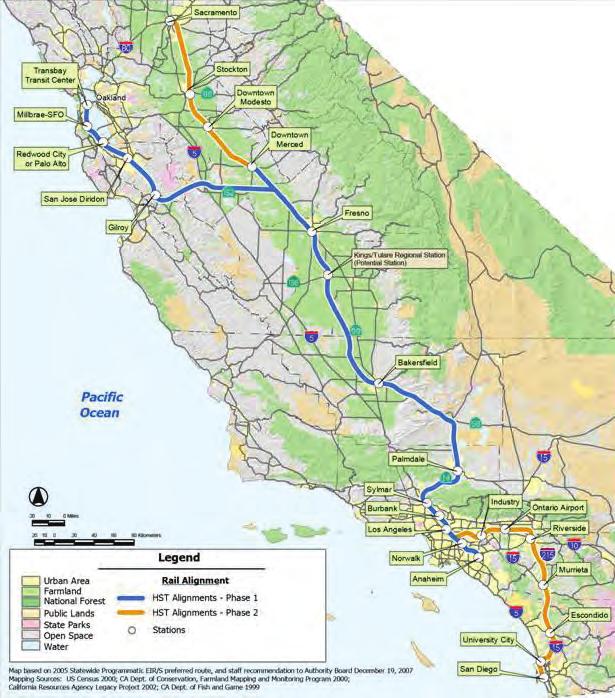 U.S. System Summary: CALIFORNIA California High-Speed Rail System (Source: CHSRA) The California high-speed rail system is a proposed system containing 798 miles of routes in nine segments wholly