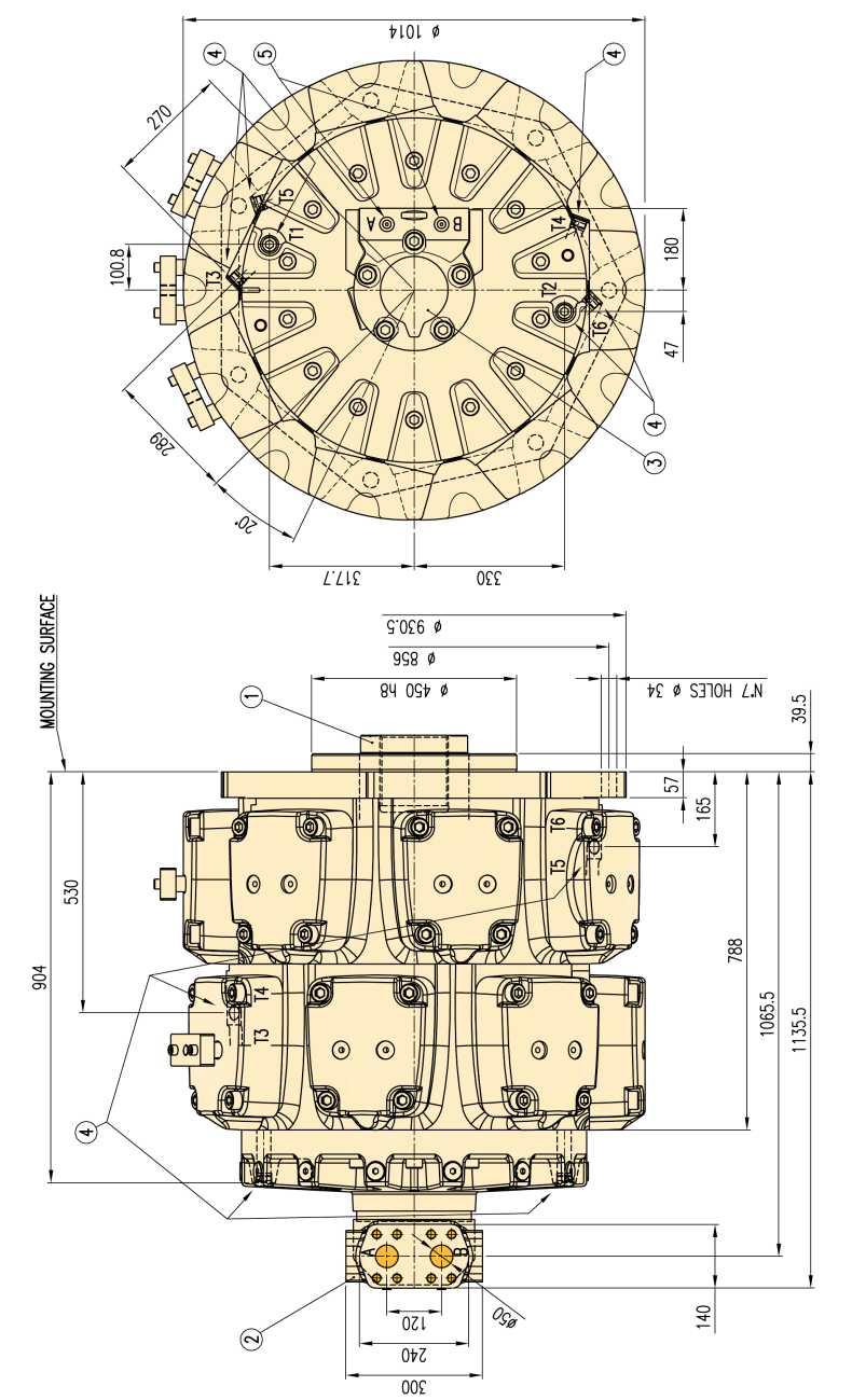 For MRTA26000: F 1052 See output shaft options at page 32 See connection ports options at page 44 On request the port flange can be rotated by