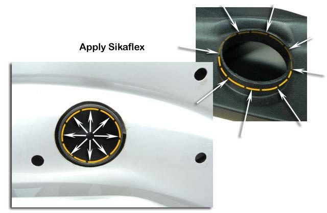 17 Apply a liberal amount of Sikaflex sealant to the inside of the inner duct intake snout and to the outside of the snorkel body outlet snout to ensure that a watertight seal is achieved once the