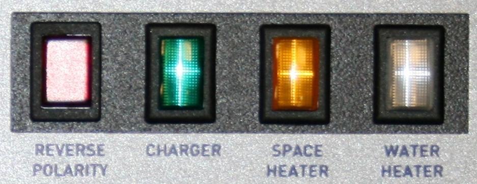 This illuminates when the green charger is turned on (see below) and the 230V supply polarity is reversed (see 3.14).