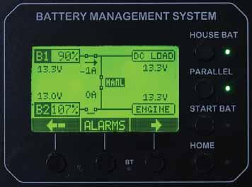 Lithium Ion ba ery management including cell voltage monitoring and state of charge alarms. Manual and automa c control of ba ery switching and cross charge solenoid.