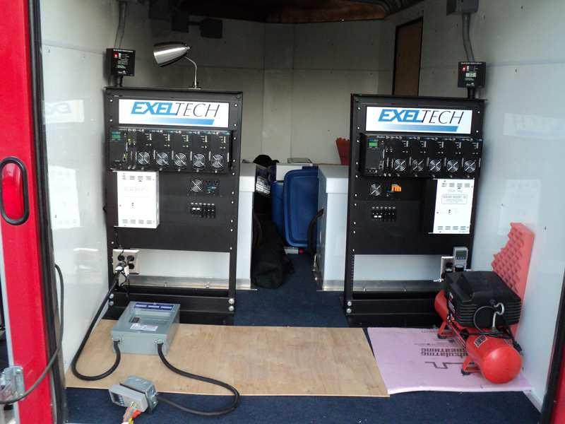 Two Blue Sky Energy maximum-power-point trackers/charge controllers (white boxes below main inverters). Circuit breaker bays: All circuit breakers are magnetic-trip (not thermal).