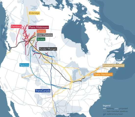 Canadian Pipeline Export Options Kinder Morgan s Transmountain line off BC coast - currently 3, b/d capacity-recent announcements to expand up to 8, b/d (early 217) (Now Spectra) Platte line to Wood