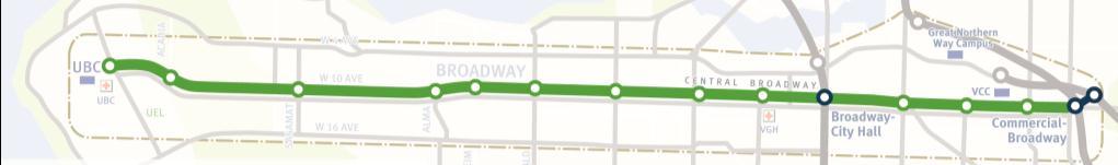 LRT1 - At-grade LRT route from UBC to Commercial/Broadway via University Blvd, West 10th Ave and Broadway.