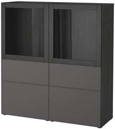 29 370 BESTÅ storage combination with glass doors. W120 D40 H128 cm. Black-brown/ GRUNDSVIKEN dark grey/clear-glass.