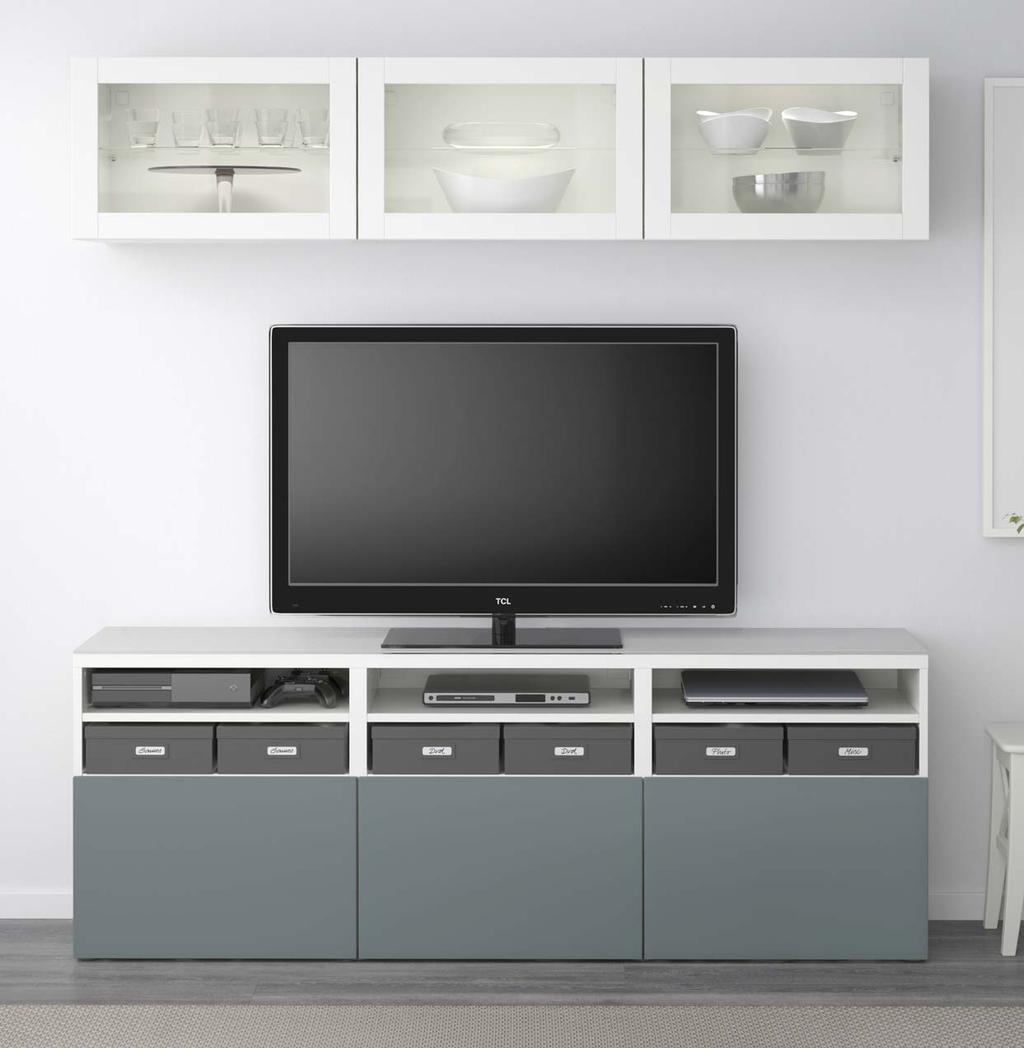 BESTÅ TV Storage combination. W180 D40 H192 cm. White/VALVIKEN grey-turqoise/ clear glass. 991.945.08 349 PERSONALISE YOUR BESTÅ In this guide we show you a selection of ready-made BESTÅ solutions.