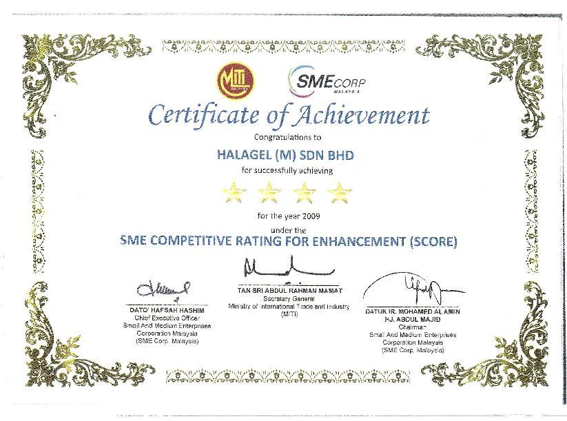 SMECORP SCORE PROGRAM 4 STAR SCORE rating for the year 2009 under the SME COMPETITIVE RATING FOR