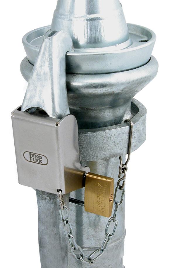 Safety cover for couplings size 76 and 102 made of stainless steel including padlock and chain.