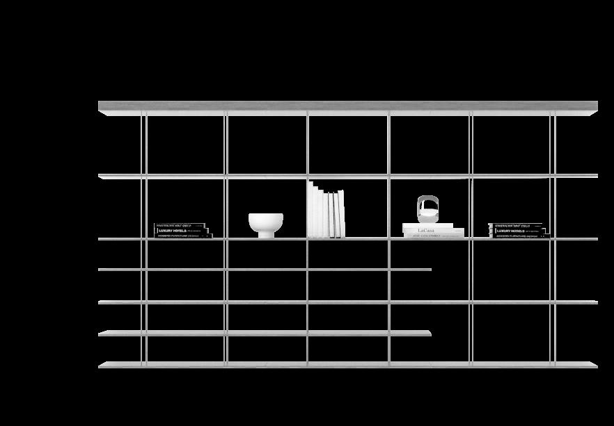 GRADUATE jean nouvel single units AND ACCESSORies Bookcase consisting of a wall-mounted or ceiling-mounted supporting shelf, to which are attached metal uprights with graduated notches placed at