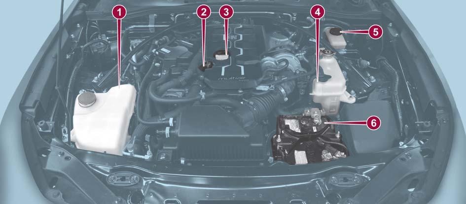 SERVICING AND MAINTENANCE ENGINE COMPARTMENT Checking Levels 07030300-121-003 1 Window Washer Reservoir 4