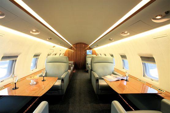 Cabin: Lavatory: Baggage: Colors and Fabrics: FS 350 Single Pocket door; six (6) executive Club Chairs with Pull out footrests on Fwd facing Chairs; Headrests on Aft Facing Chairs; three (3) Fold out
