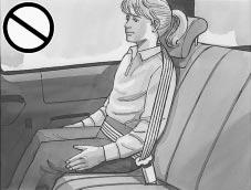 CAUTION: Never do this. Here a child is sitting in a seat that has a lap-shoulder belt, but the shoulder part is behind the child.
