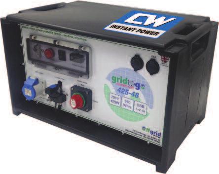 Charged up from mains power, in a vehicle or using solar PV, the energy stored in the battery is silently converted to 230v (or 110v) power which is ideal for power tools, LED lights, charging