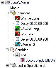 Whistle Sounds Macro With all locomotive functions defined and unique icons for each function I next created a whistle sound macro to be switched by action