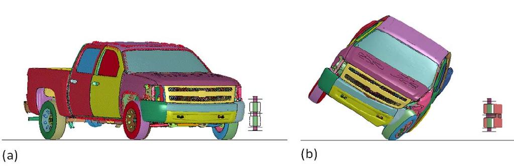 Figure 2.1. Mid-Span Impact of Pickup Truck into EOS: (a) Initial Impact Conditions and (b) High Vehicle Roll Angle.