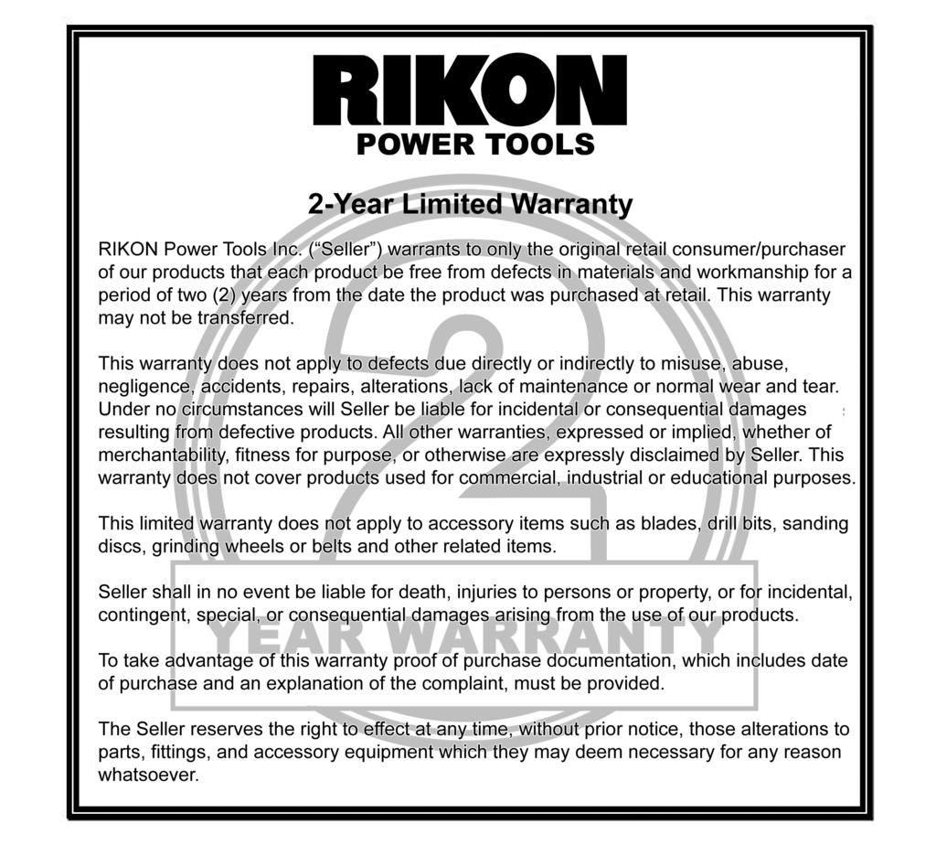 WARRANTY To take advantage of this warranty, please fill out the warranty card that was included with your order and send it to: RIKON Warranty 6 Progress Road Billerica, MA