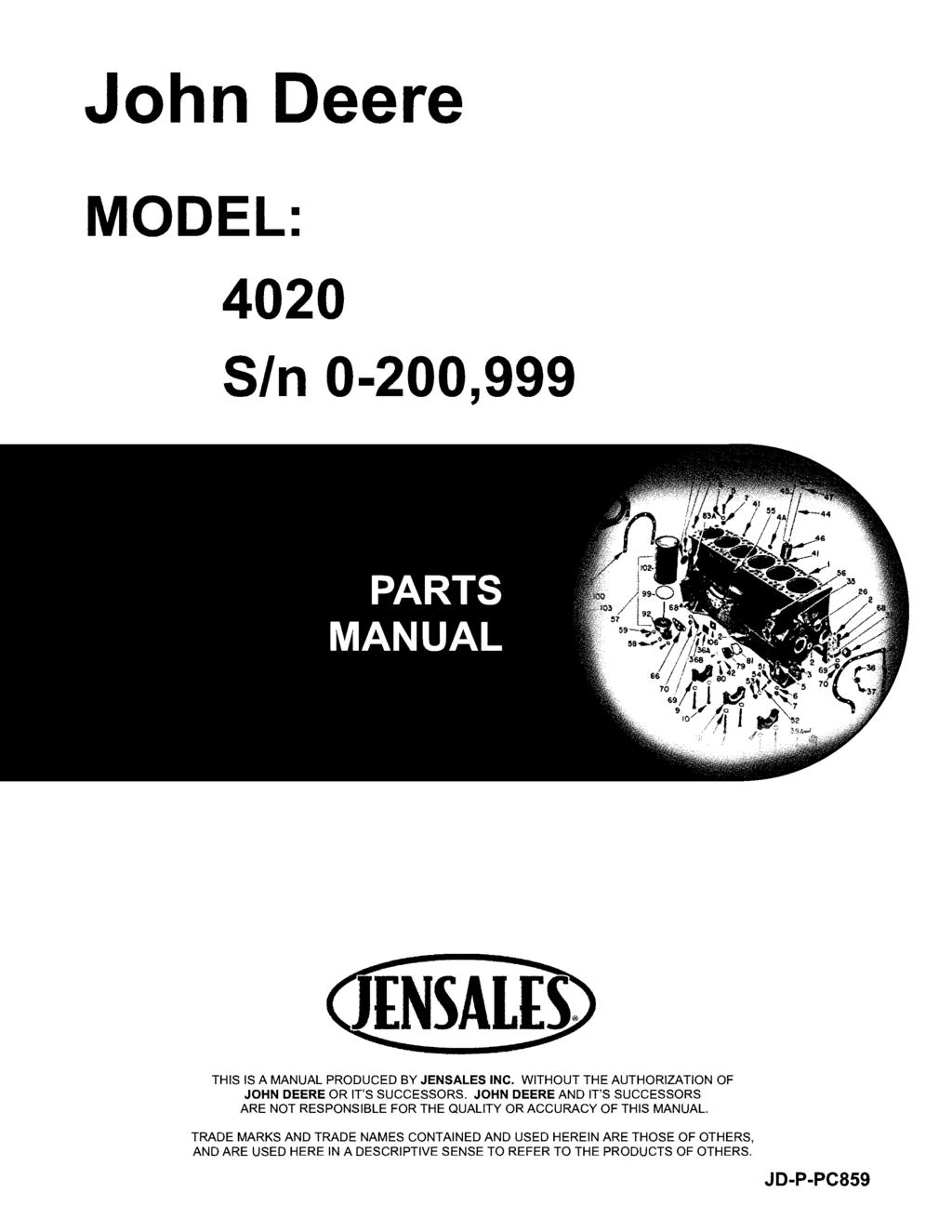 John Deere MODEL: 400 SIn 0-00,999 THIS IS A MANUAL PRODUCED BY JENSALES INC. WITHOUT THE AUTHORIZATION OF JOHN DEERE OR IT'S SUCCESSORS.