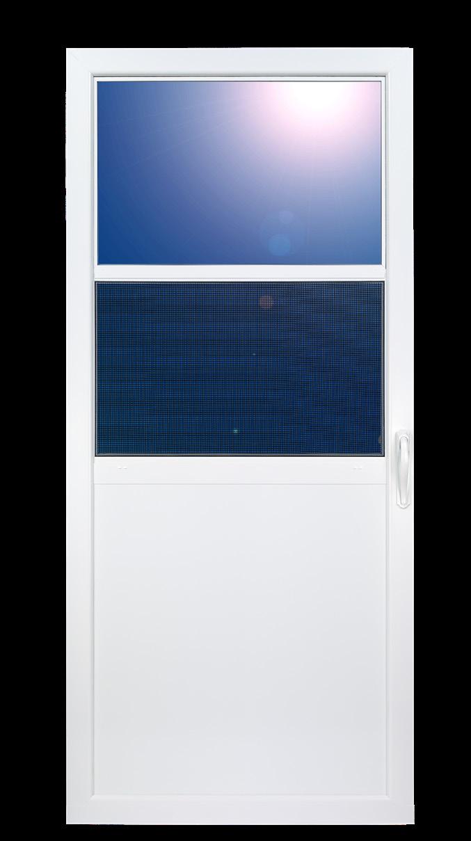 Self-storing with a durable, aluminum clad polyethylene core high kick panel Perfect for back or side door location Large glass/screen area