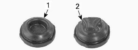 Prior to installing brake fluid reservoir caps: Check that V slit is in good condition. Ensure diaphragms are properly positioned. rbg2008-003-002_a 1. V slit vmr2008-033-062_a 1. Correct position 2.