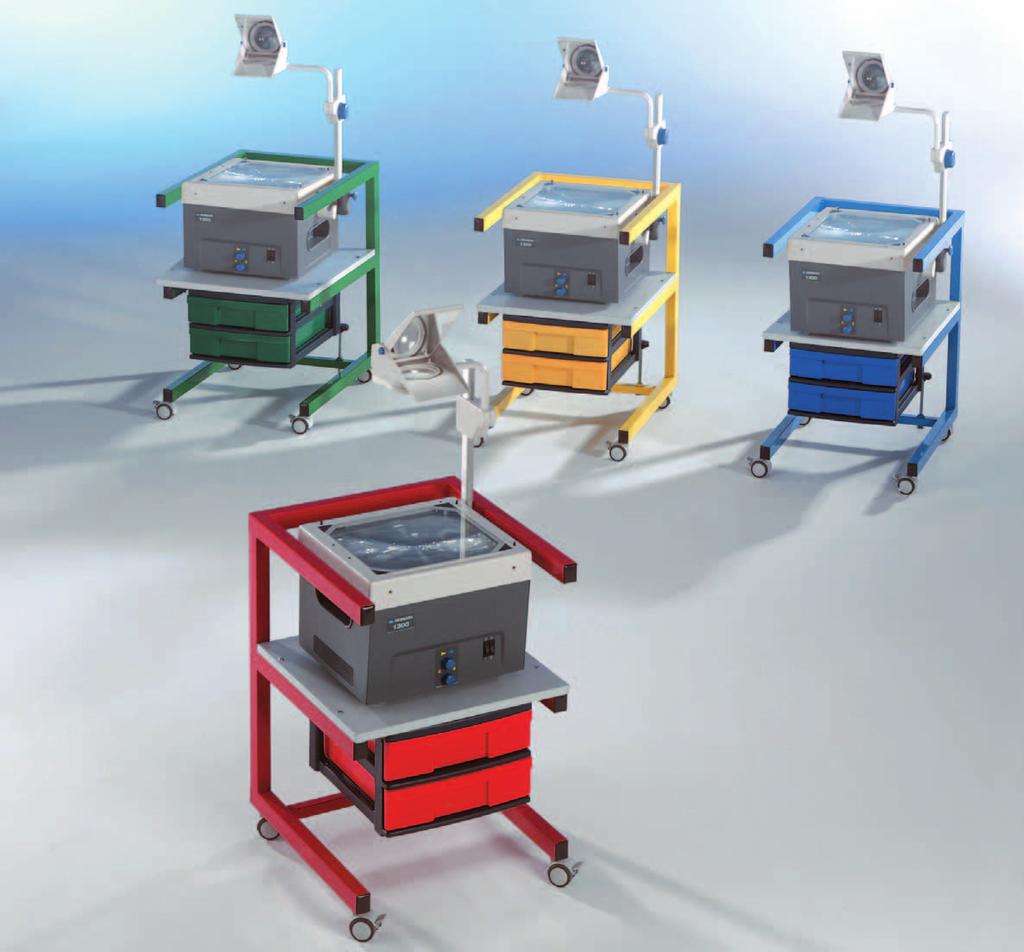 Extremely stable trolleys for overhead projectors We bring colour in the game! Model PS 8 Each OHP-trolley is standardly equipped with 2 practical drawers, matching the colour of the frame.