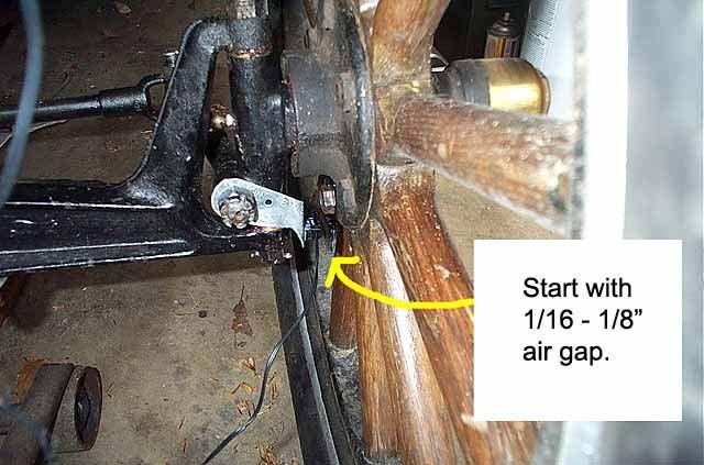 Start with about 1/16 air gap between the magnet and pickup. Plug in the speedometer body and spin the wheel to see if the pickup is working. If so, cut the wires 1 inch from each end.