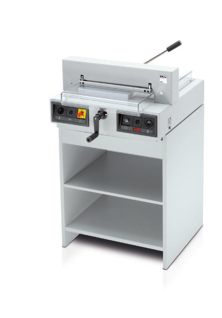 IDEAL 4315 Convenient, electric guillotine with manual clamp, 430 mm cutting length and 435 mm table depth (for formats up to A3) Comprehensive SCS safety package as described on pages 8/9.