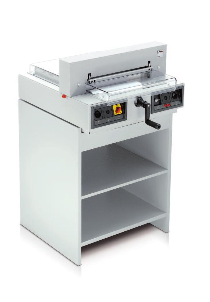 IDEAL 4350 Convenient, electric guillotine with automatic clamp, 430 mm cutting length and 435 mm table depth (for formats up to A3) Comprehensive SCS safety package as described on pages 8/9.